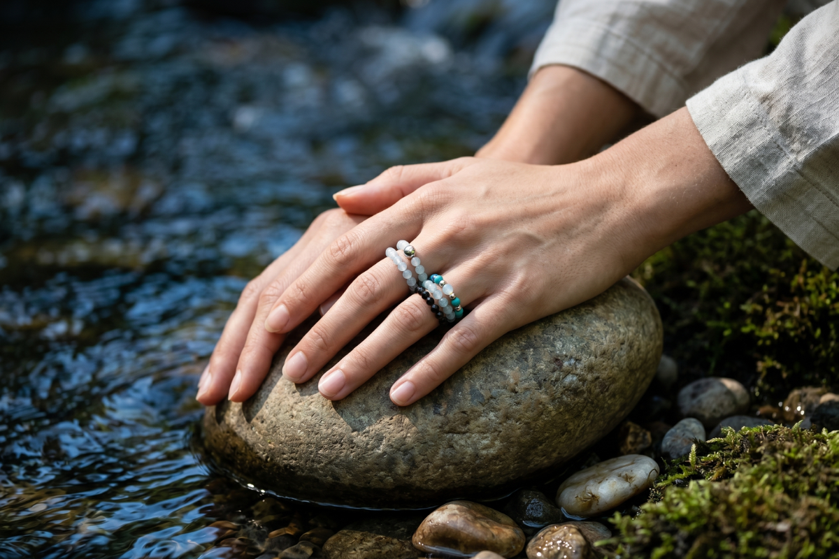 Tre l�se 'Endless Ocean' elastikringe lagt samlet. Ringene best�r af lysebl� akvamarin, m�rketurkis, kulsort obsidian og blanke fors�lvede perler.