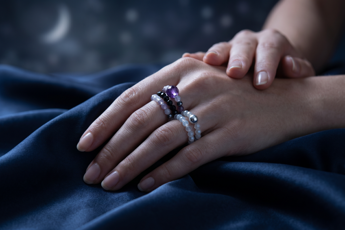 Tre elastiske �delstensringe med m�nesten, sort obsidian og ametyst