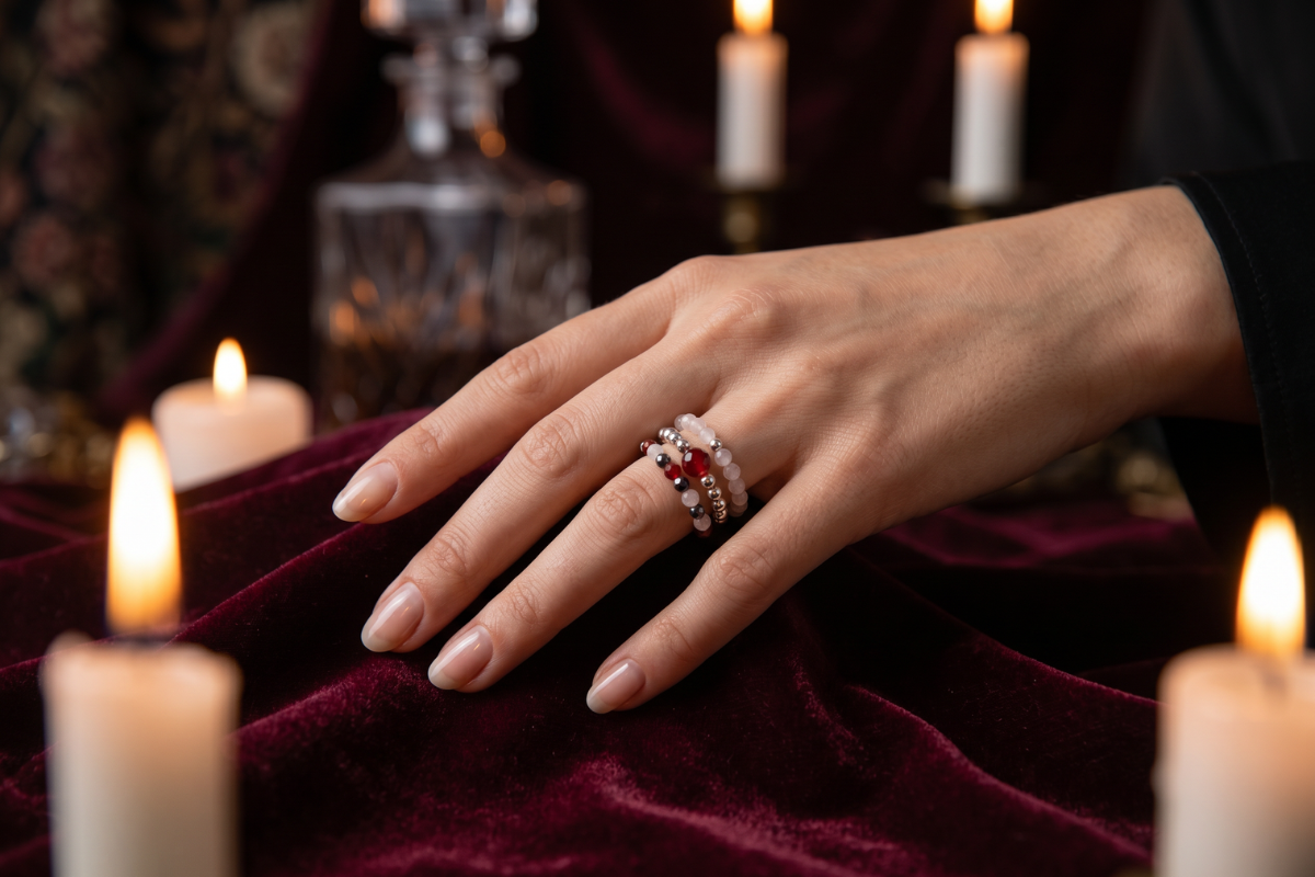 Tre l�se 'Love & Flame' elastikringe lagt samlet. Ringene best�r af blid lyser�d rosakvarts, facetteret dybr�d rubin og sm�, blanke fors�lvede perler.