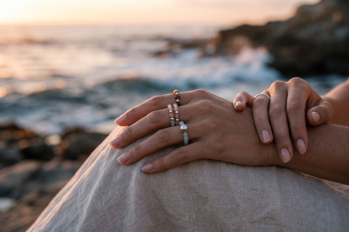 Tre l�se 'Sea Sunset' elastikringe lagt samlet. Ringene best�r af lysebl� akvamarin, gyldent tiger�je, ferskenfarvet solsten og sm�, blanke fors�lvede perler.