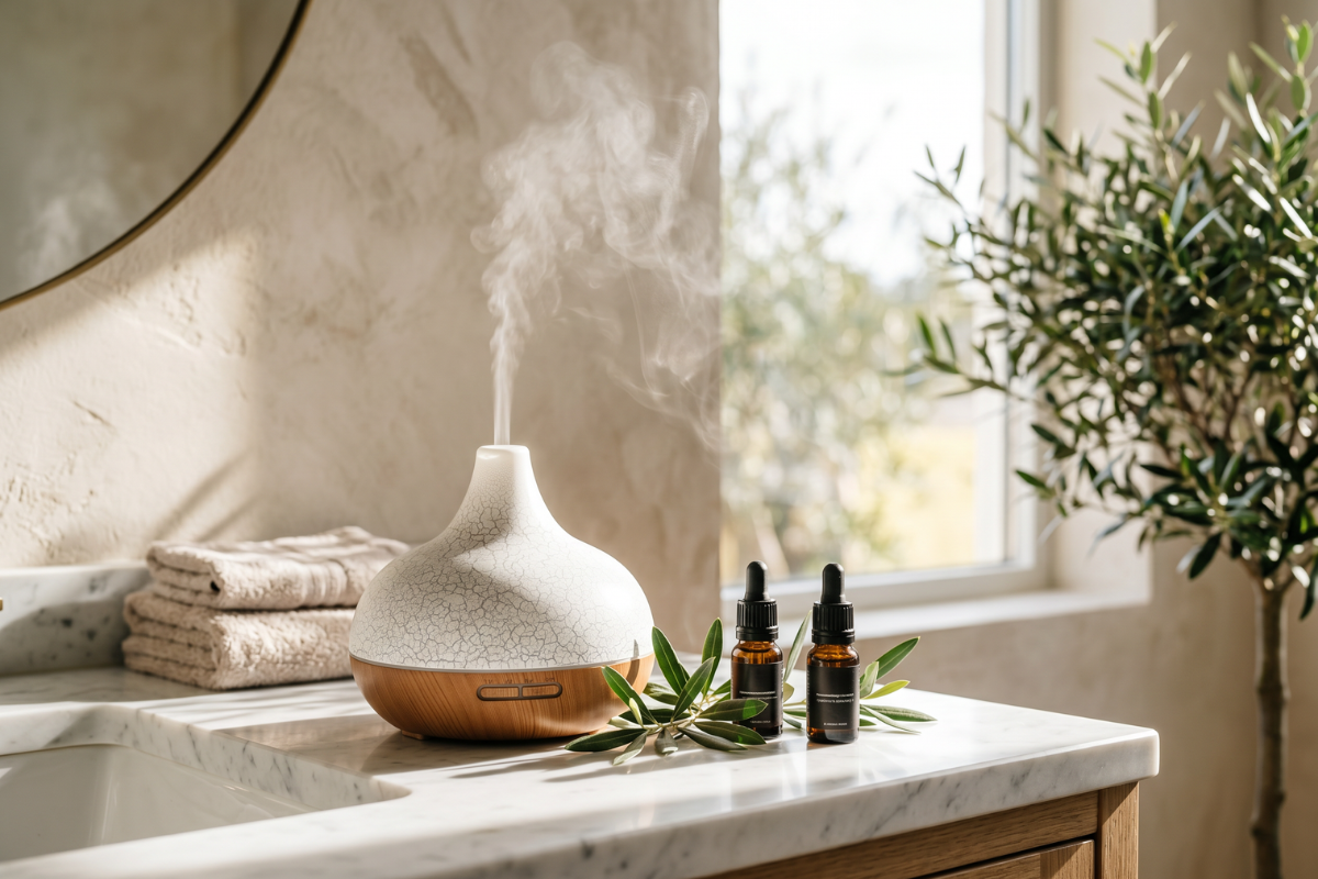 Santorini Aroma Diffuser. En elegant, kuppelformet diffuser med et krakeleret hvidt shell-m�nster. Apparatet hviler p� en glat, tr�farvet base med integrerede trykknapper til timer og LED-lys.