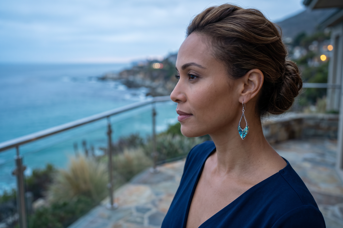 Opretst�ende Shell & Silver Earrings Spear Drops. Aflange, spidse �reringe med snoede s�lvdetaljer og farvestr�lende abalone-skal indlagt i bunden.