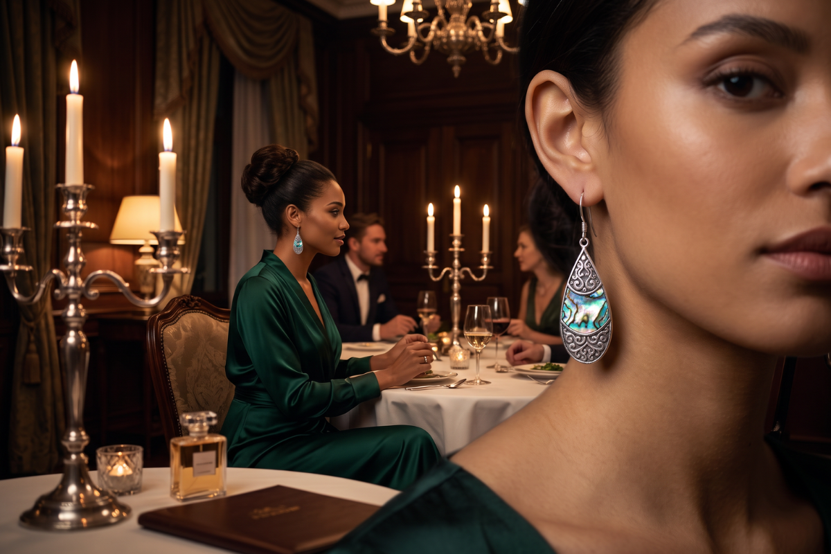 Opretst�ende Shell & Silver Earrings Teardrop Oval. Dr�beformede �reringe i sterlings�lv med detaljerede snirkelm�nstre i top og bund, og en iriserende abalone-skal i midten.