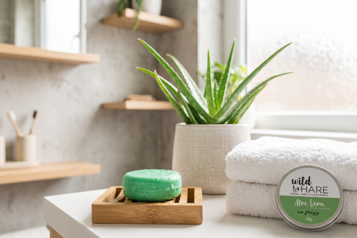 En �ben metald�se der viser en intens gr�n Wild Hare shampoo bar med indgraveret logo. Etiketten siger 'Aloe Vera' og 'no frizz'.
