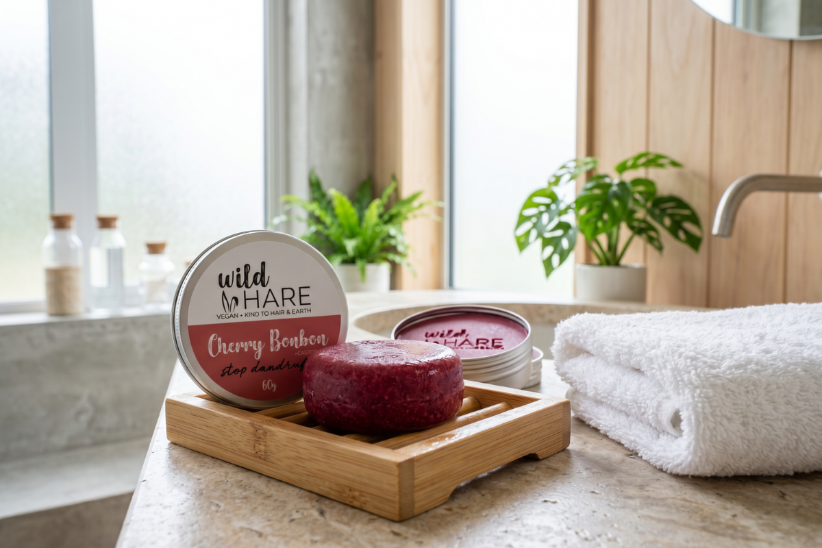 En �ben metald�se der viser en dyb r�d/lilla Wild Hare shampoo bar med indgraveret logo. Etiketten siger 'Cherry Bonbon' og 'stop dandruff'.