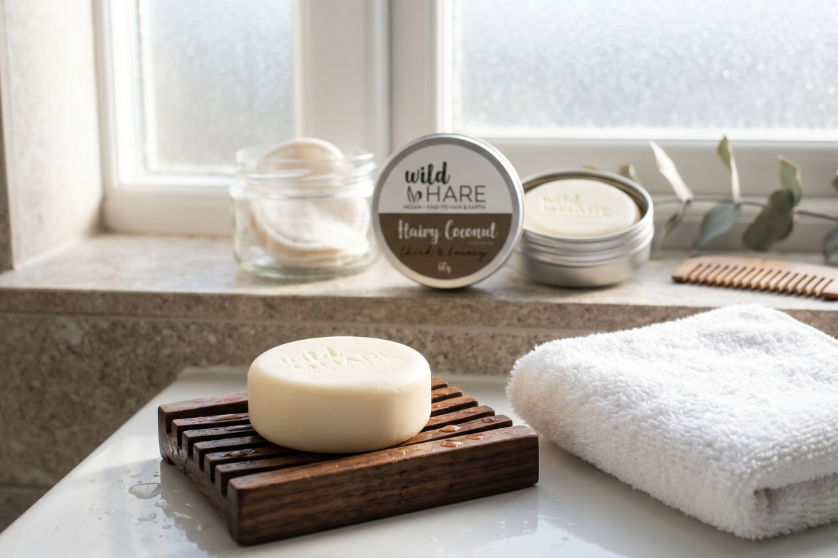 En �ben metald�se der viser en lys, cremet Wild Hare shampoo bar med indgraveret logo indeni. Etiketten siger 'Hairy Coconut' og 'thick & bouncy'.