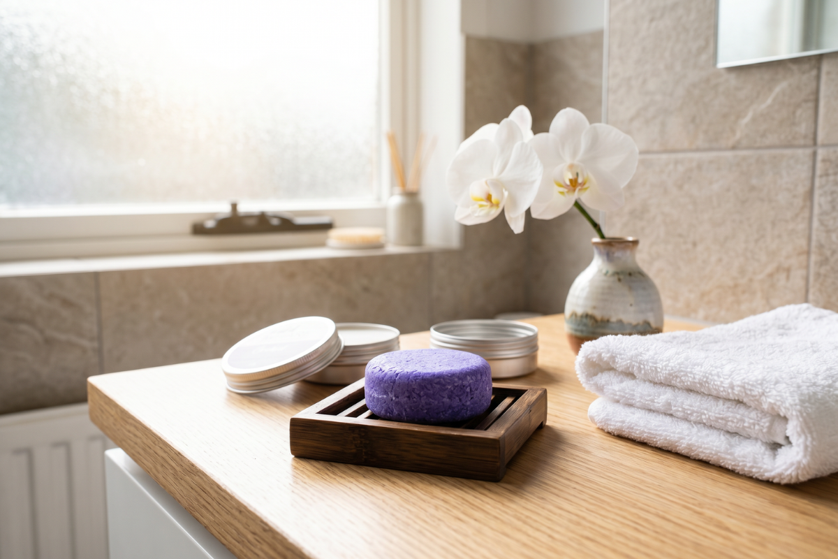 En �ben metald�se der viser en intens lilla Wild Hare shampoo bar med indgraveret logo. Etiketten siger 'Orchid' og 'repair & grow'.