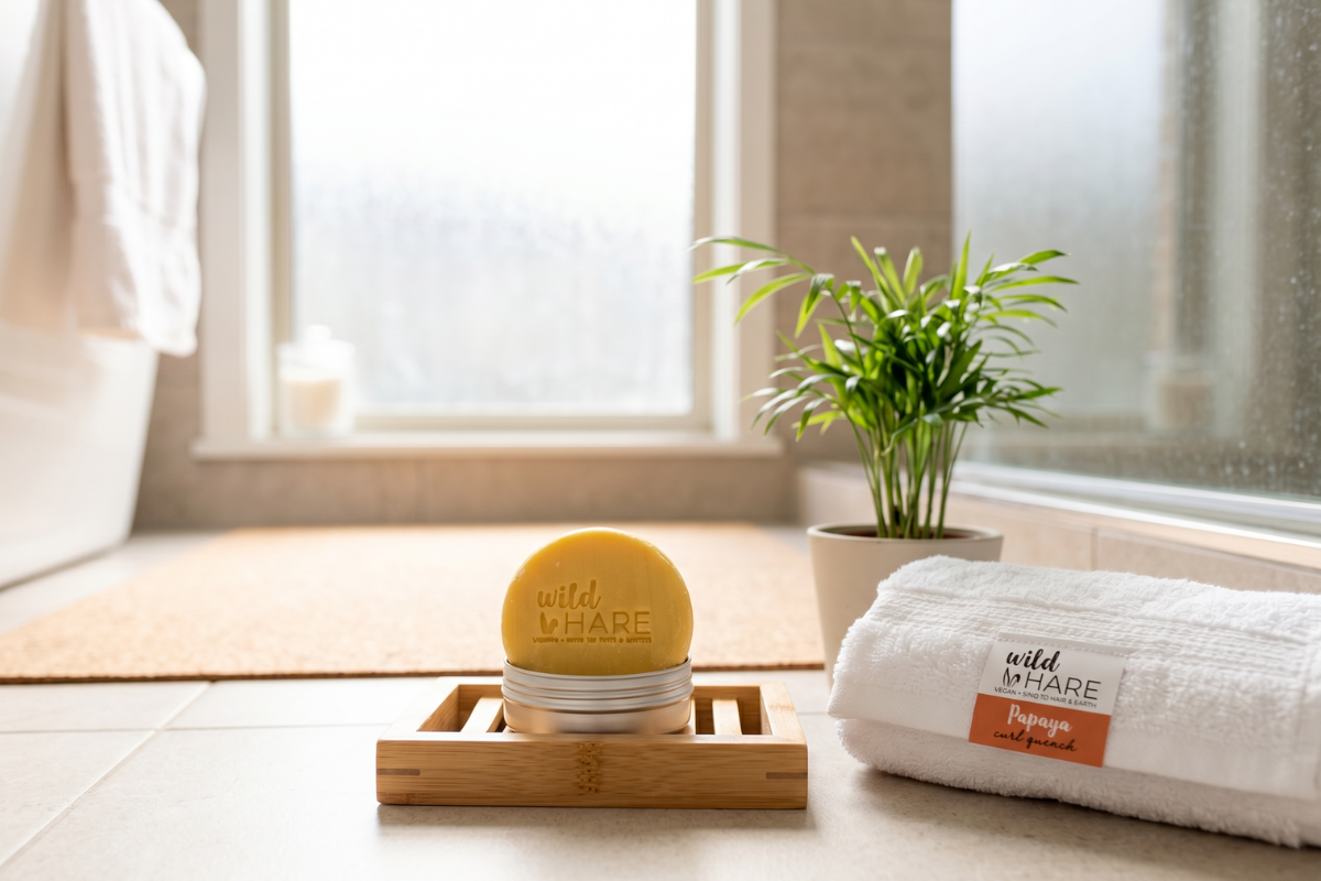N�rbillede af en fast, gul shampoo bar med indgraveret Wild Hare logo i en metald�se.