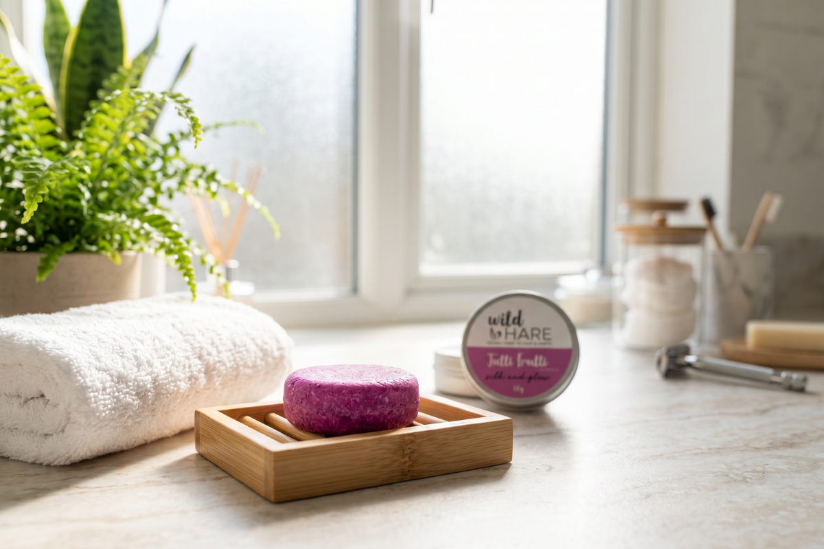En �ben metald�se der viser en lilla/magenta Wild Hare shampoo bar med indgraveret logo. Etiketten siger 'Tutti Frutti' og 'silk and glow +VITAMIN E'.