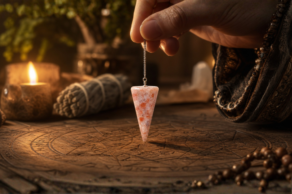Magic Pendulum i �gte Solsten med fors�lvet k�de � spirituelt redskab til radi�stesi og Reiki pr�senteret p� shoppen.