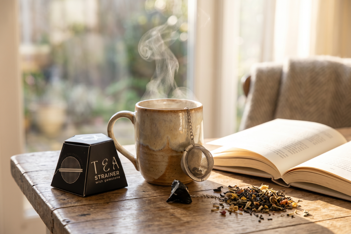 Et rundt te-�g i rustfrit st�l med en k�de, der ender i en r�, sort obsidian krystal. Ved siden af st�r en flot, sort, sekskantet gave�ske med teksten 'Tea Strainer with gemstone'.