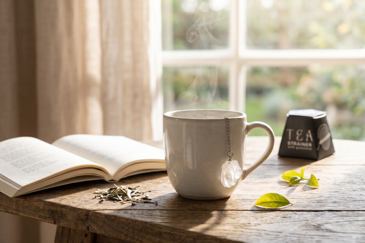 Et rundt te-�g i rustfrit st�l med en k�de, der ender i en r�, krystalklar bjergkrystal. Ved siden af st�r en flot, sort, sekskantet gave�ske med teksten 'Tea Strainer with gemstone'.
