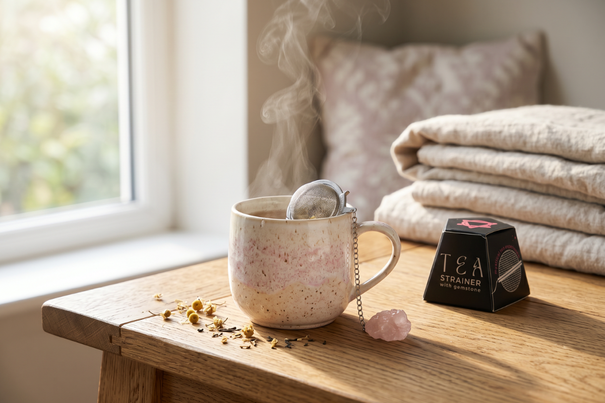 Et rundt te-�g i rustfrit st�l med en k�de, der ender i en r�, lyser�d rosenkvarts krystal. Ved siden af st�r en flot, sort, sekskantet gave�ske med et pink logo.