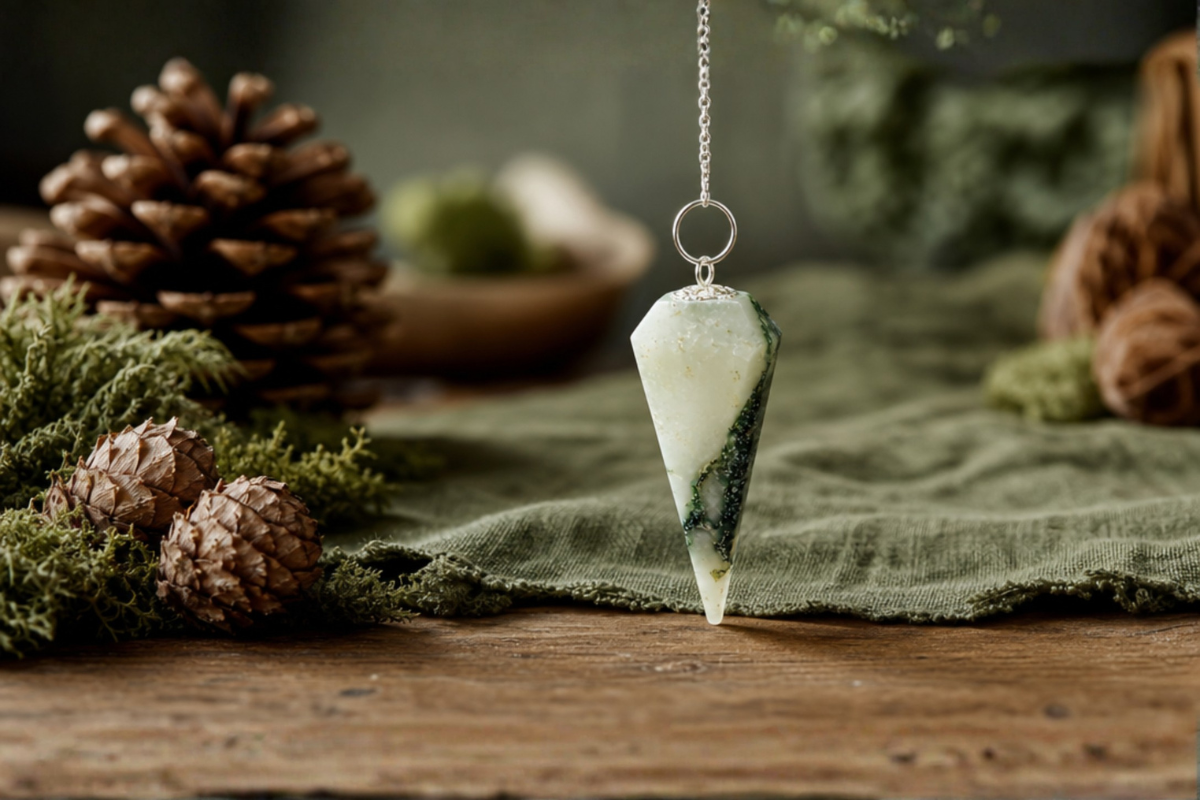 Magic Pendulum i m�nstret Tr� Agat med fors�lvet k�de � spirituelt pr�cisionsredskab til dowsing og naturforbindelse pr�senteret p� shoppen.