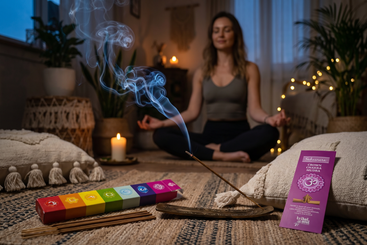 Et eksklusivt n�rbillede af en gl�dende Tribal Soul r�gelsespind med bl�d r�g og et spirituelt chakra-kort p� en m�rk baggrund.