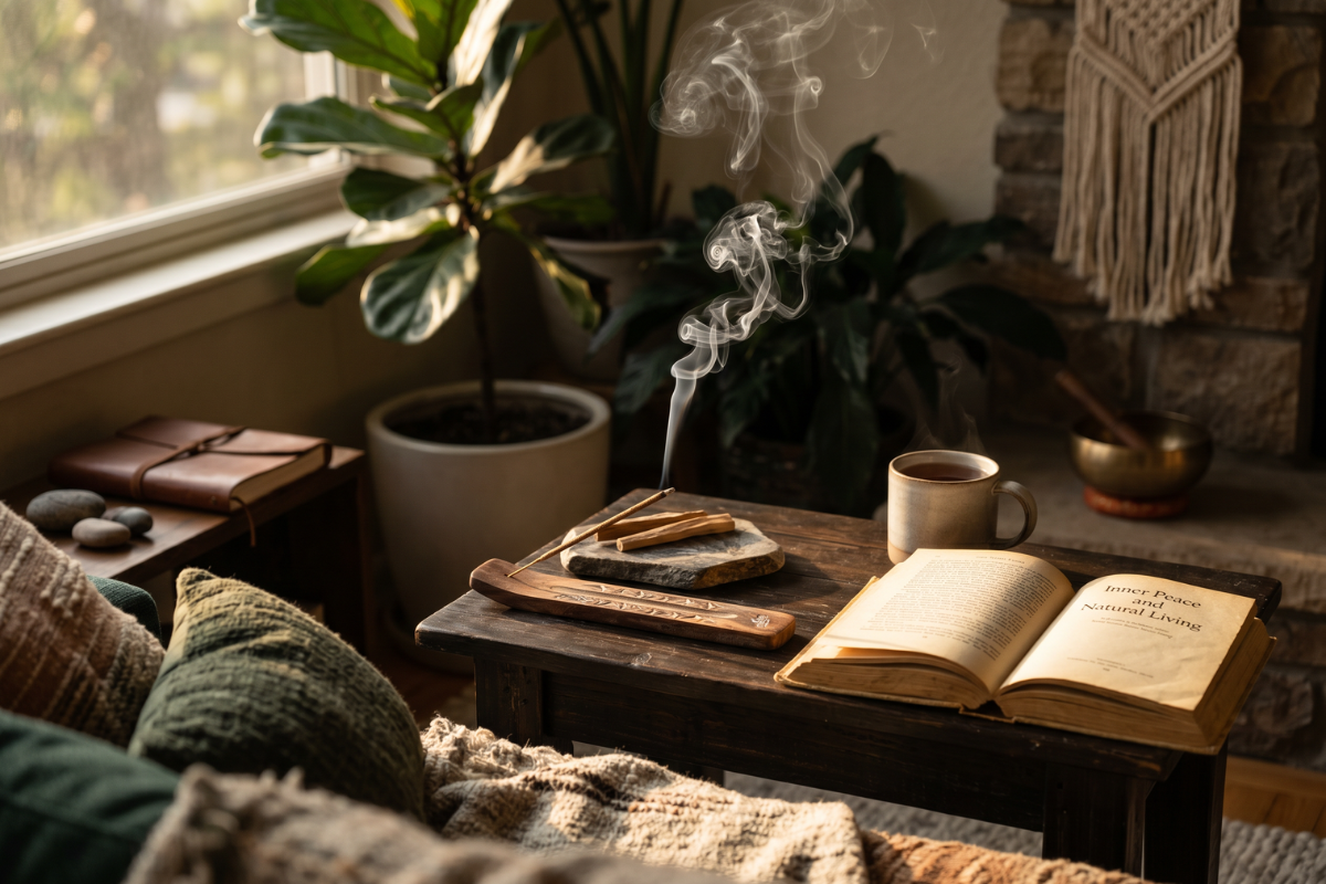 En h�j, m�rkegr�n �ske med teksten 'Aromatika Vedic Cedarwood Natural Incense Sticks'. �sken har illustrationer af fyrrekogler, gr�nne n�le og to r�gelsespinde med r�g.