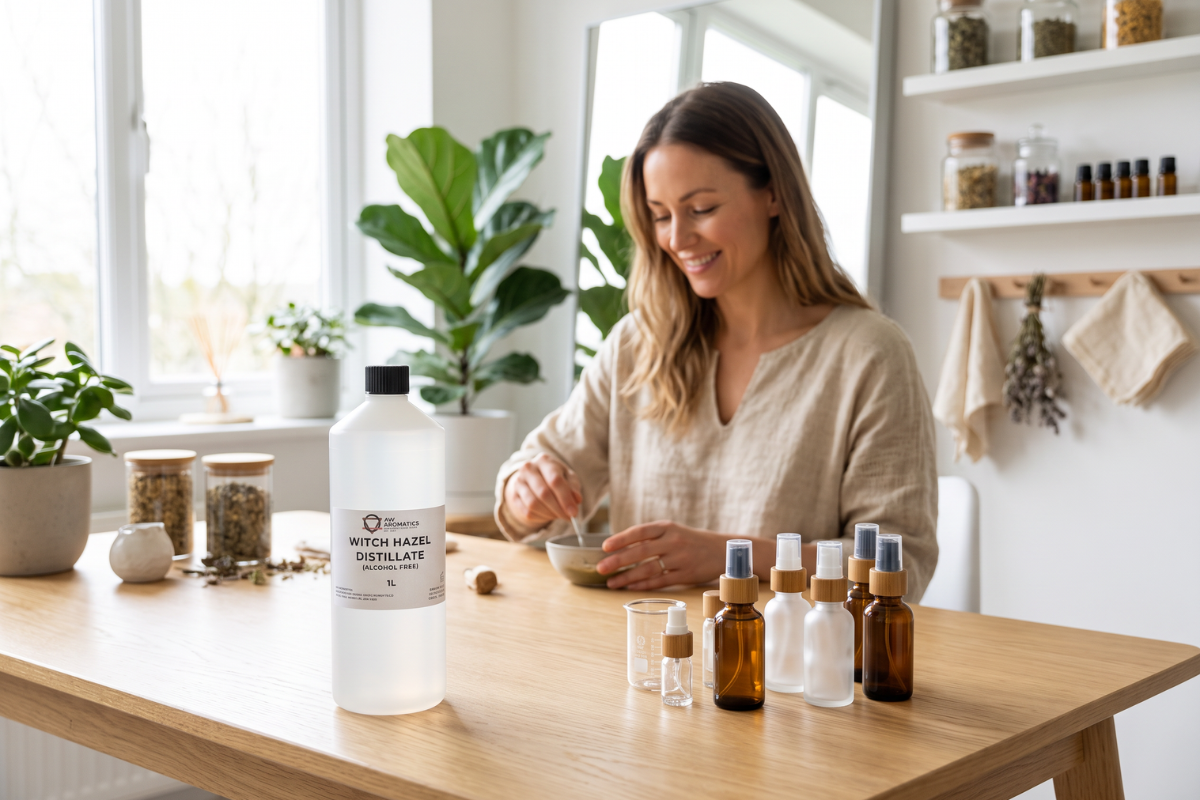 Stor 1 liters dunk med AW Aromatics Alkoholfri Witch Hazel Distillate til hjemmelavet hudpleje.