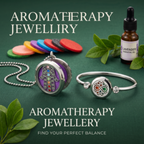 Aromaterapi-smykker i rustfrit st�l med Hamsa-halsk�de, armring og farverige filt-pads p� gr�n baggrund.