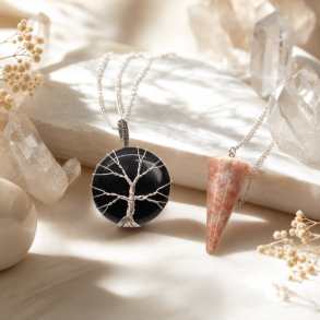 En samling af spirituelle redskaber: En h�ndv�rket Tree of Life krystalhalsk�de (2,5 cm) i Onyx ved siden af et pr�cisions-pendul i gylden Solsten, arrangeret p� en lys marmorbaggrund med et strejf af r�gelse.
