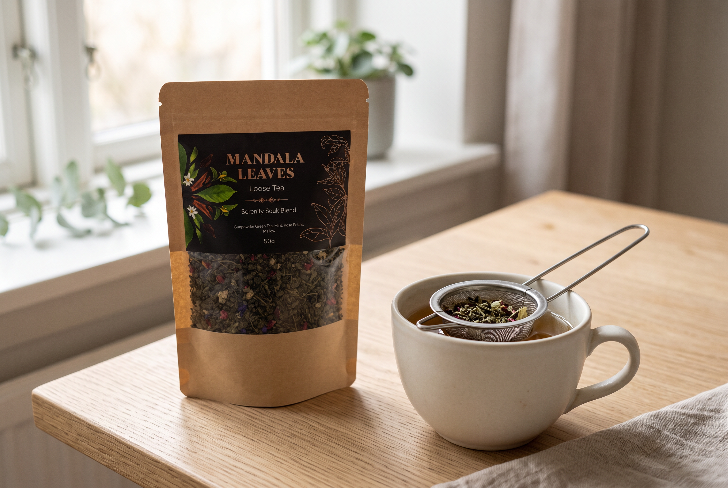 Mandala Leaves Serenity Souk Blend &ndash; gr�n te med mynte, rosenblade og katost 50 g i stemningsmilj�