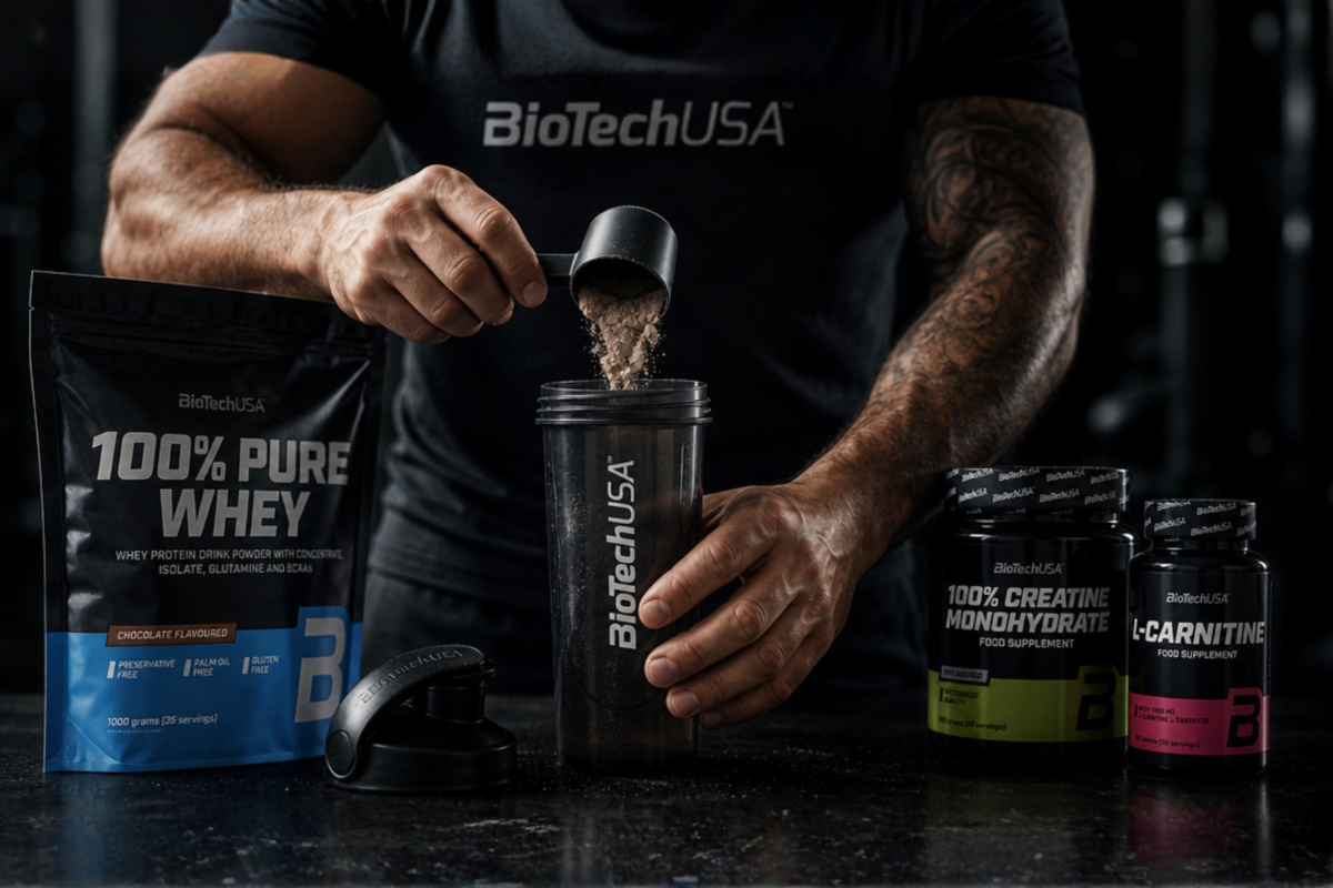 Udvalg af BioTechUSA produkter herunder proteinpulver og kreatin i Smart Luxury design.