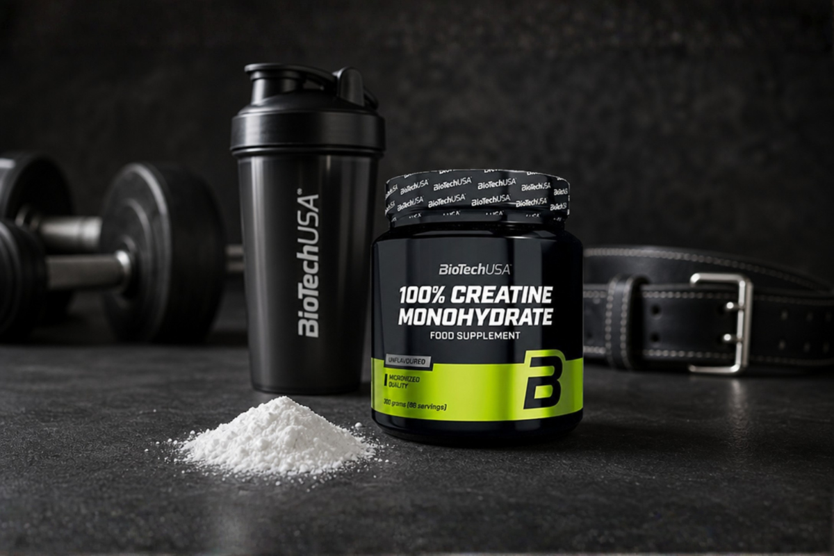 BioTechUSA 100% Creatine Monohydrate 300g d�se med rent mikroniseret kreatinpulver pr�senteret p� shoppen.