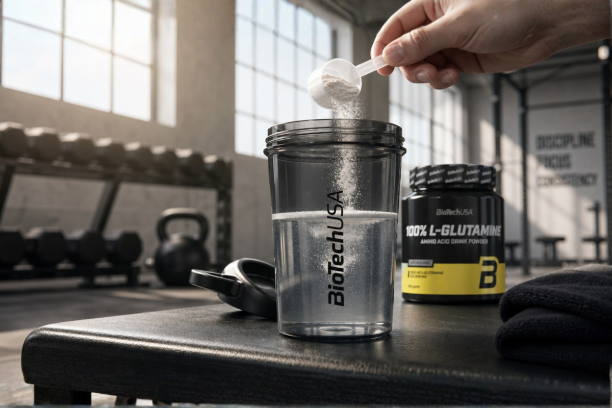 BioTechUSA 100% L-Glutamine 240g beholder pr�senteret p� shoppen til effektiv muskelrestitution.