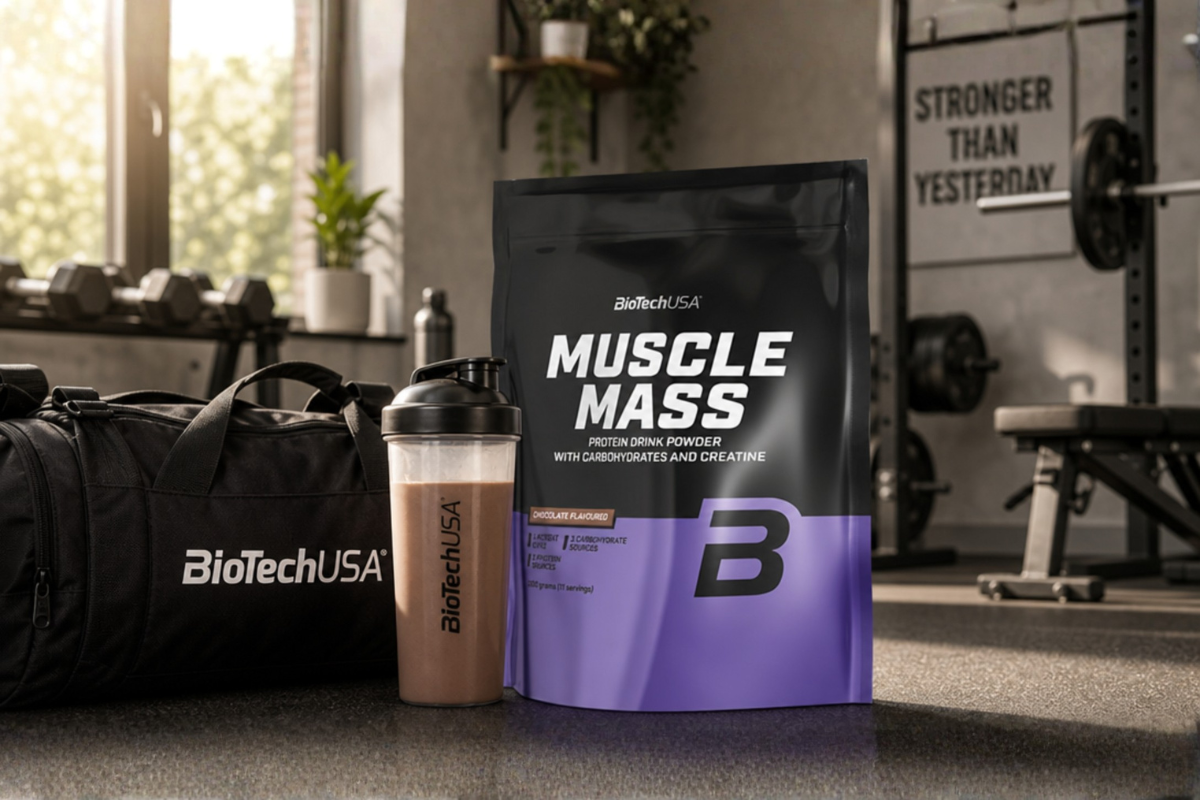 BioTechUSA Muscle Mass Chocolate 1kg pose proteinpulver med kulhydrater og kreatin pr�senteret p� shoppen.