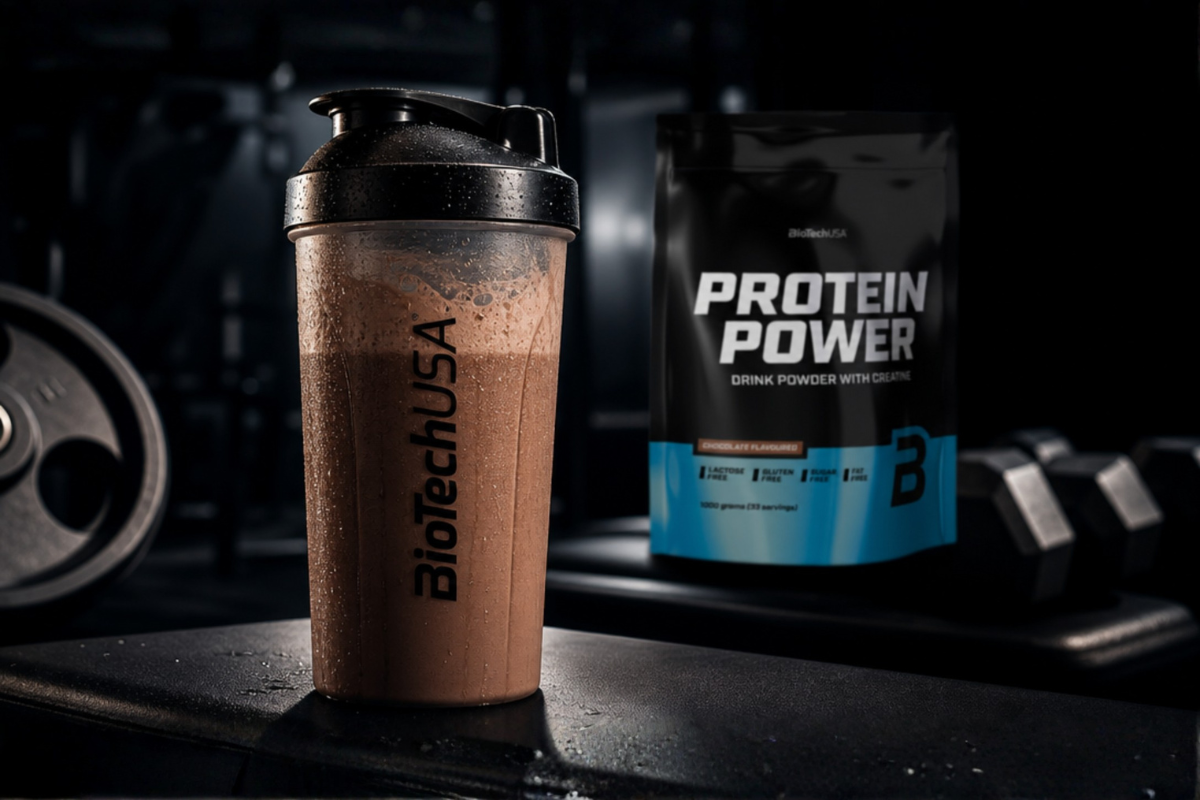 BioTechUSA Protein Power Chocolate 1kg pose proteinpulver med kreatin pr�senteret p� shoppen.