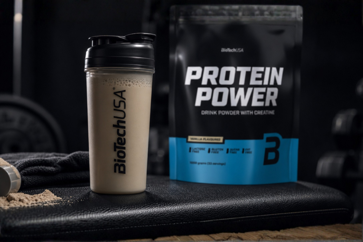 BioTechUSA Protein Power Vanilla 1kg pose proteinpulver med kreatin pr�senteret p� shoppen.