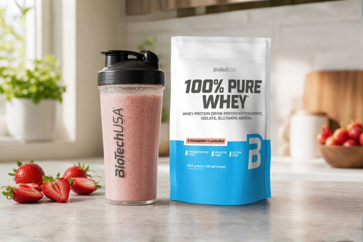 BioTechUSA 100% Pure Whey Strawberry proteinpulver 454g pose pr�senteret p� shoppen.