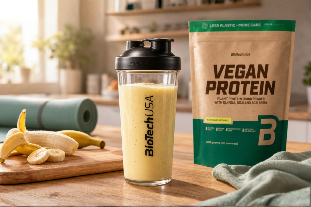 BioTechUSA Vegan Protein Banan 500g pose pr�senteret p� shoppen med fokus p� vegansk ern�ring og milj�venlig emballage.