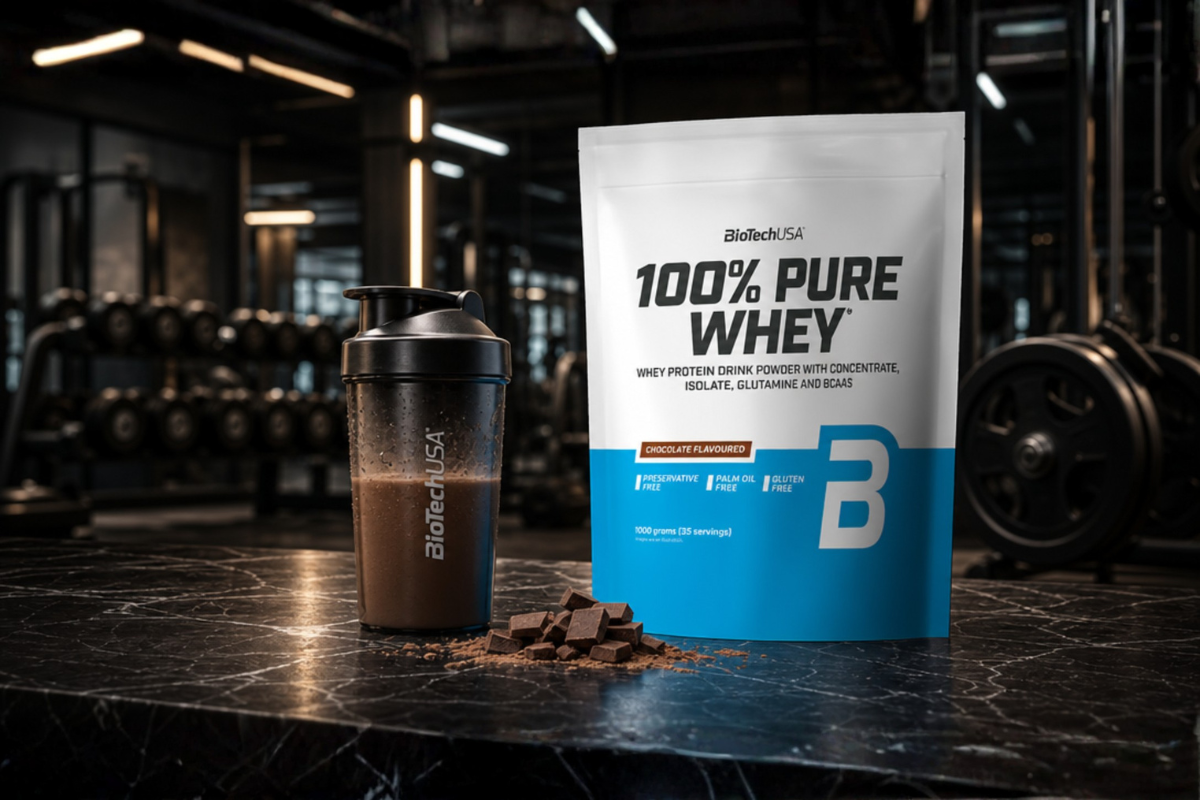 BioTechUSA 100% Pure Whey Chocolate 454g pose proteinpulver pr�senteret p� shoppen.