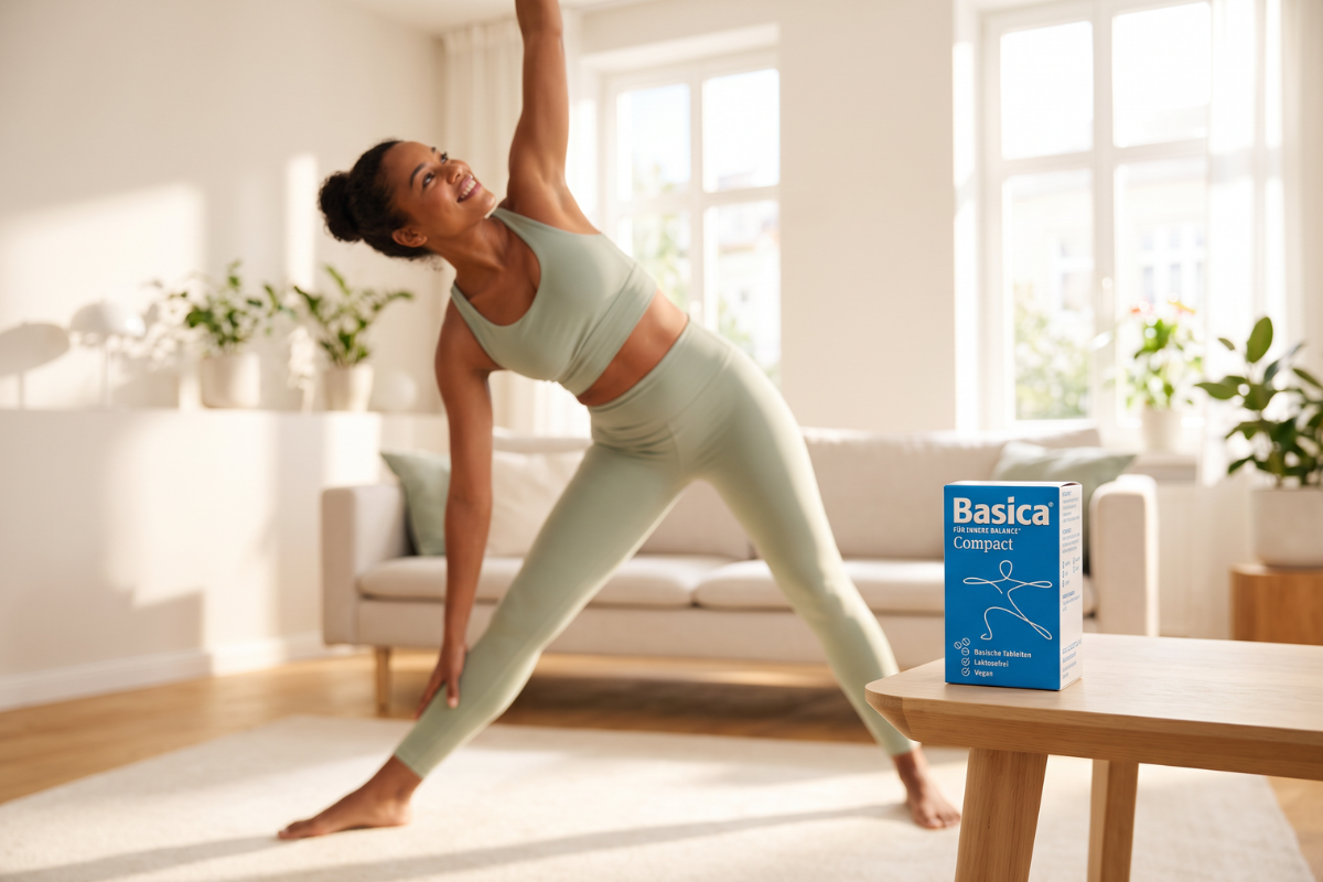 Basica Compact �ske i bl� og hvid med 120 tabletter. Viser teksterne Laktosefrei og Vegan.