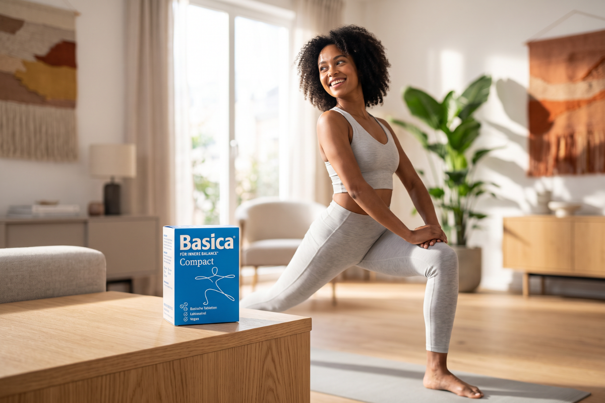 Basica Compact �ske i bl� og hvid med 360 tabletter. Viser teksterne Laktosefrei og Vegan.