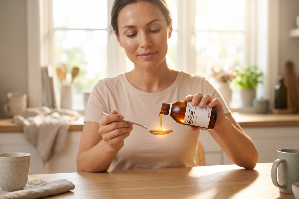 BioVita Brocosin mikstur i brun glasflaske med m�leb�ger