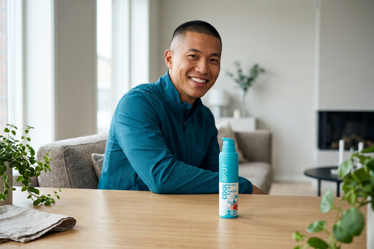Den cyanbl� og hvide �ske og flaske med Heel CoolAkut Gel. Flasken har et rent, moderne design med et sekskantet m�nster og en integreret, bred trykpumpe i toppen.
