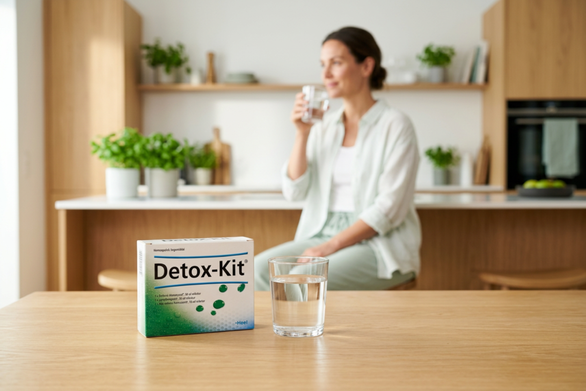 En hvid �ske med gr�nne nuancer og friske vanddr�ber, der illustrerer renhed og flow. �sken b�rer navnet Detox-Kit fra den tyske producent Heel og indeholder tre flasker � 30 ml: Berberis-Homaccord, Lymphomyosot og Nux vomica-Homaccord.