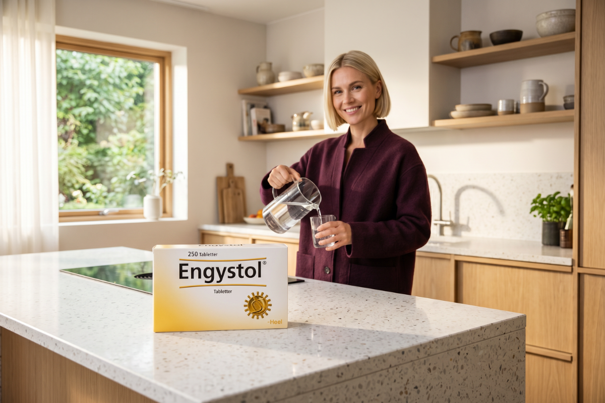 En stor, aflang hvid pap�ske med navnet Engystol skrevet med m�rk skrift. �sken indikerer tydeligt 250 tabletter og har det klassiske Heel-design med den gyldne sol-grafik.