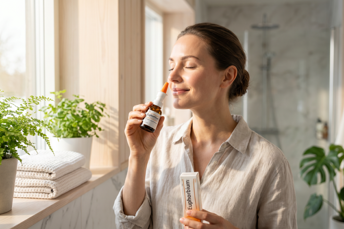 BioVita Heel Euphorbium comp N�sespray i m�rk glasflaske med orange pumpe