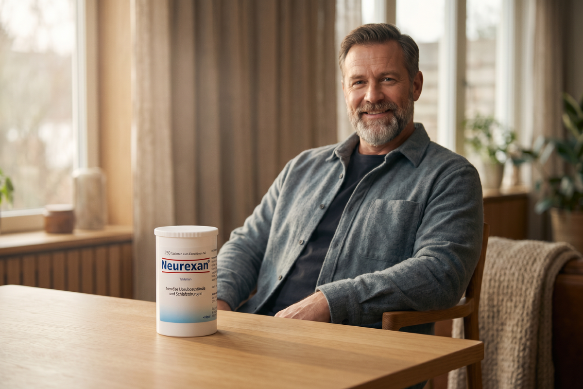 En stor, hvid og cylinderformet pilled�se. Navnet Neurexan st�r tydeligt skrevet med bl� og r�d skrift, fremstillet af den tyske virksomhed Heel. D�sen indikerer klart, at der er tale om den store udgave med 250 tabletter.