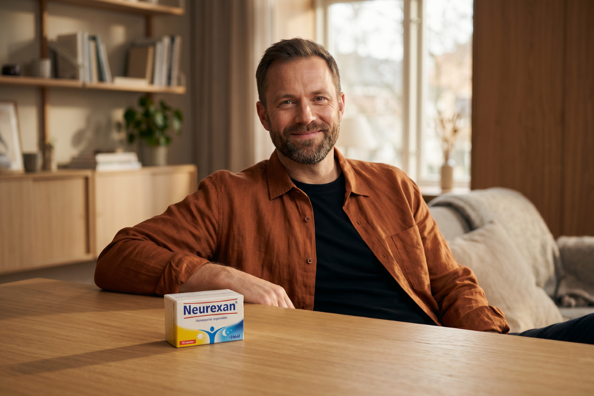 En hvid �ske med navnet Neurexan tydeligt skrevet med bl� og r�d skrift, prydet af et ikon med en figur mellem sol og m�ne. Fremstillet af den tyske virksomhed Heel. �sken indeholder 50 tabletter.