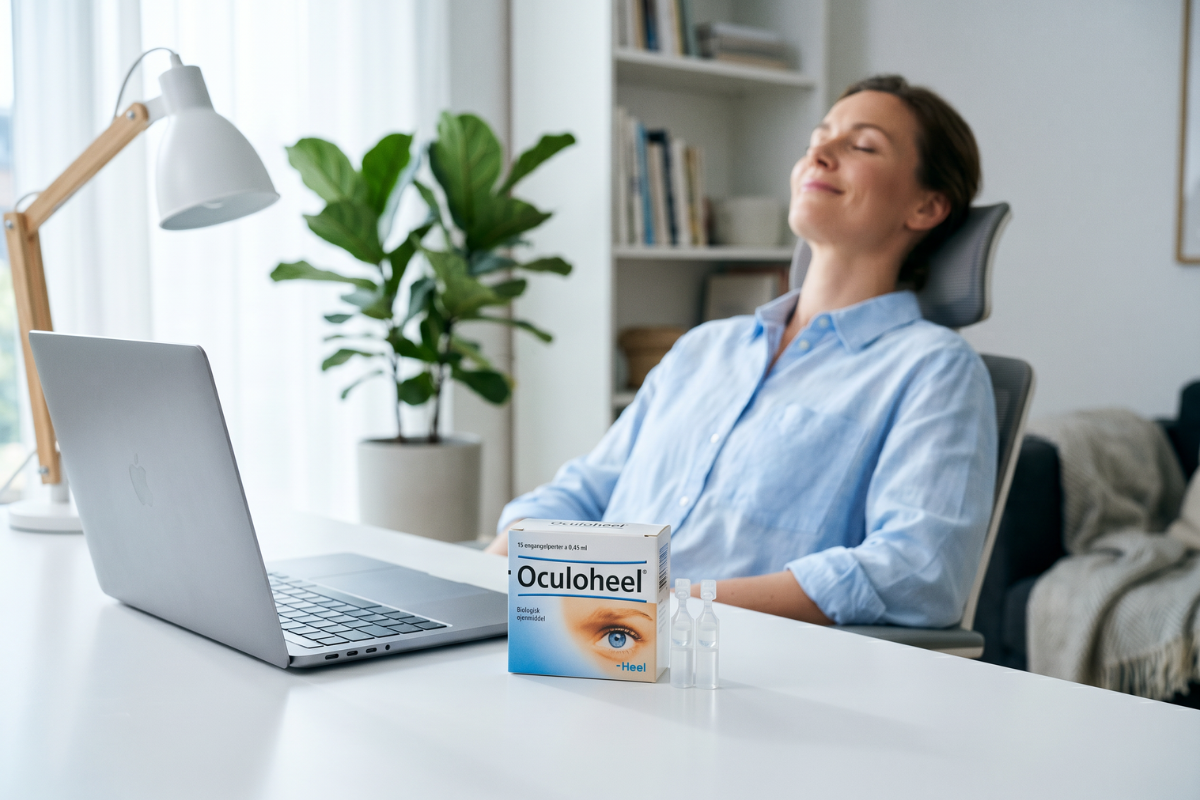 En hvid og lysebl� �ske med navnet Oculoheel tydeligt skrevet p� fronten. Nederst til h�jre ses et n�rbillede af et roligt, klart bl�t �je. �sken indeholder 15 hom�opatiske engangspipetter � 0,45 ml fra producenten Heel (BioVita).