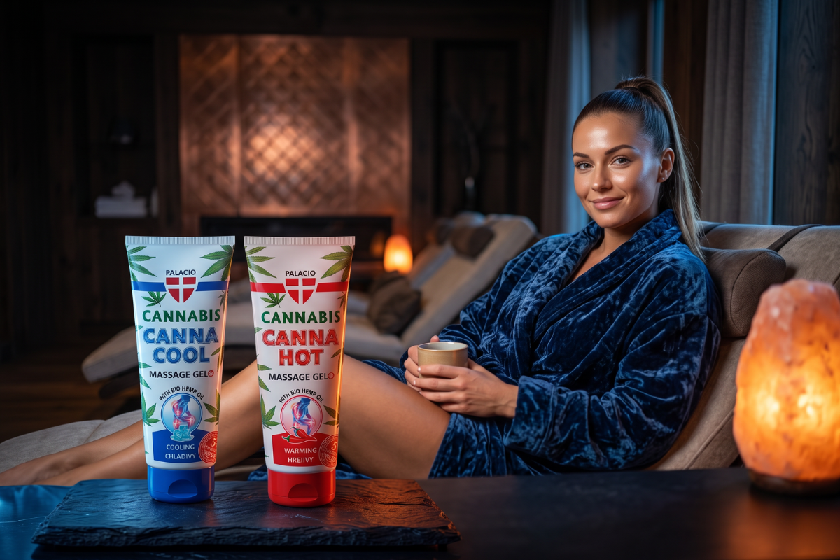 De to store 200 ml tuber fra Palacio: Den bl� CannaCool med is-motiver og den r�de CannaHot med flamme- og chilimotiver. Begge fremviser hamp-blade, hvilket symboliserer basen af Cannabis Sativa Seed Oil.