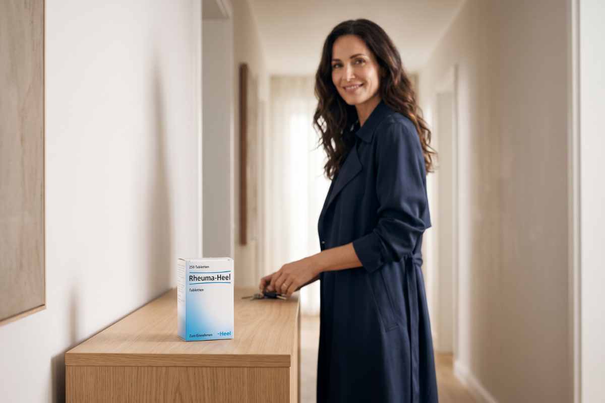 En hvid �ske med navnet Rheuma-Heel tydeligt skrevet med sort og bl� skrift, produceret af den tyske virksomhed Heel. �sken indikerer klart, at der er tale om den store udgave med tabletter til oral indtagelse.