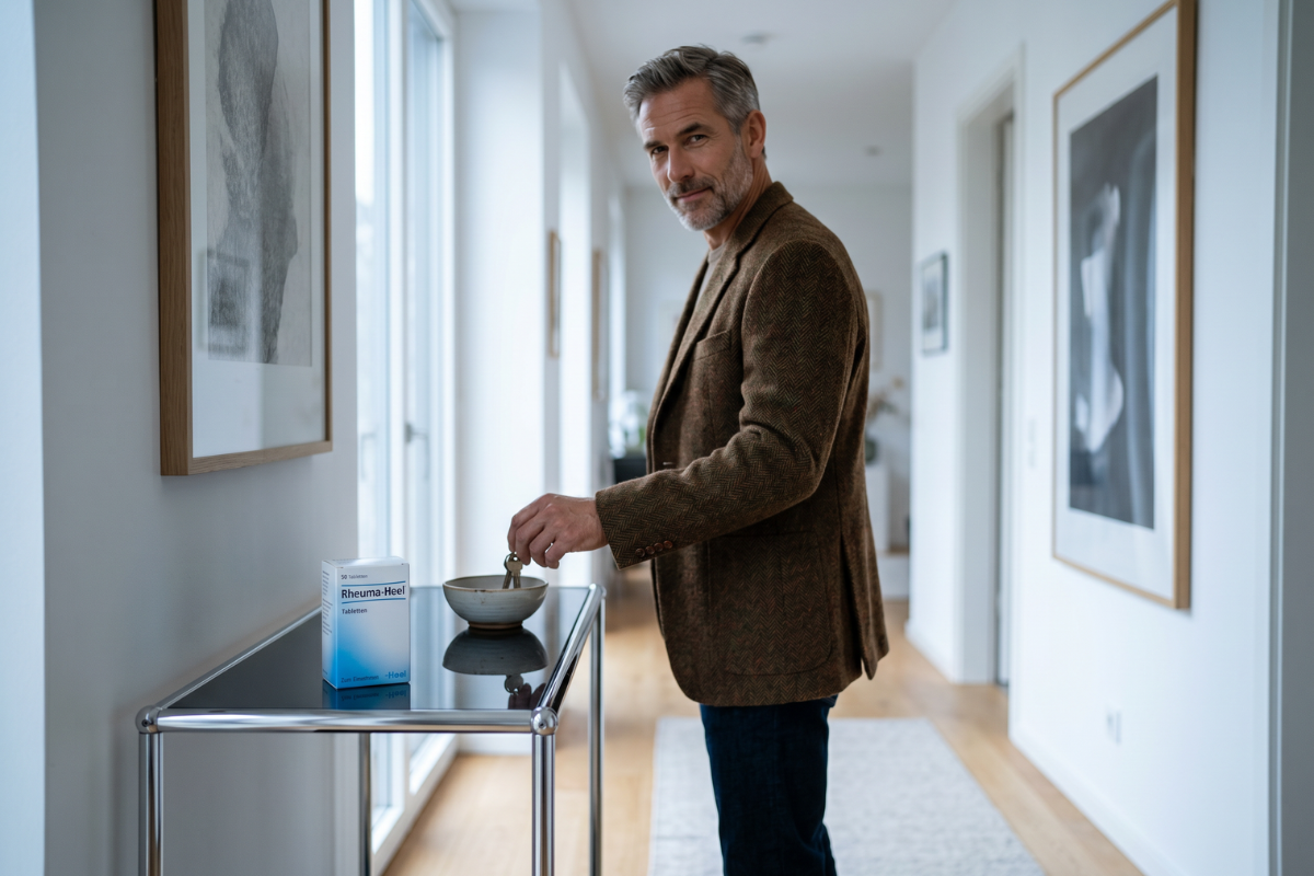 En hvid opretst�ende �ske med navnet Rheuma-Heel skrevet med tydelig sort og bl� skrift. �sken er fra tyske Heel og angiver klart, at den indeholder 50 hom�opatiske tabletter.
