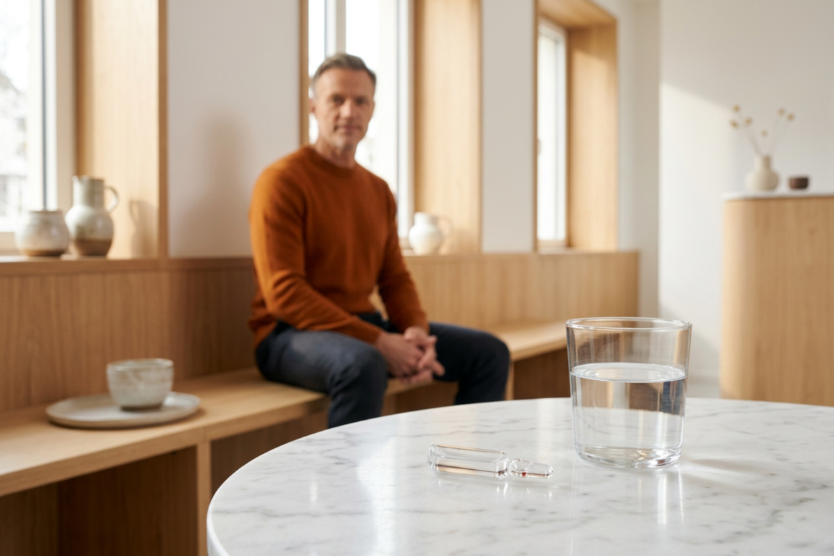 En klassisk hvid �ske med en markant orange top fra den tyske producent Heel. Navnet Testis compositum N Ampullen st�r tydeligt skrevet. Ved siden af �sken st�r en enkelt, steril glasampul (2,2 ml) med en r�d prik p� halsen til �bning.