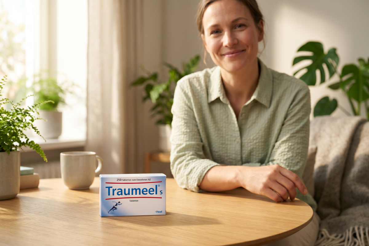 En hvid �ske med navnet Traumeel S tydeligt skrevet med bl� skrift, produceret af den tyske virksomhed Heel. �sken indikerer klart, at dette er den store variant med hele 250 hom�opatiske tabletter.
