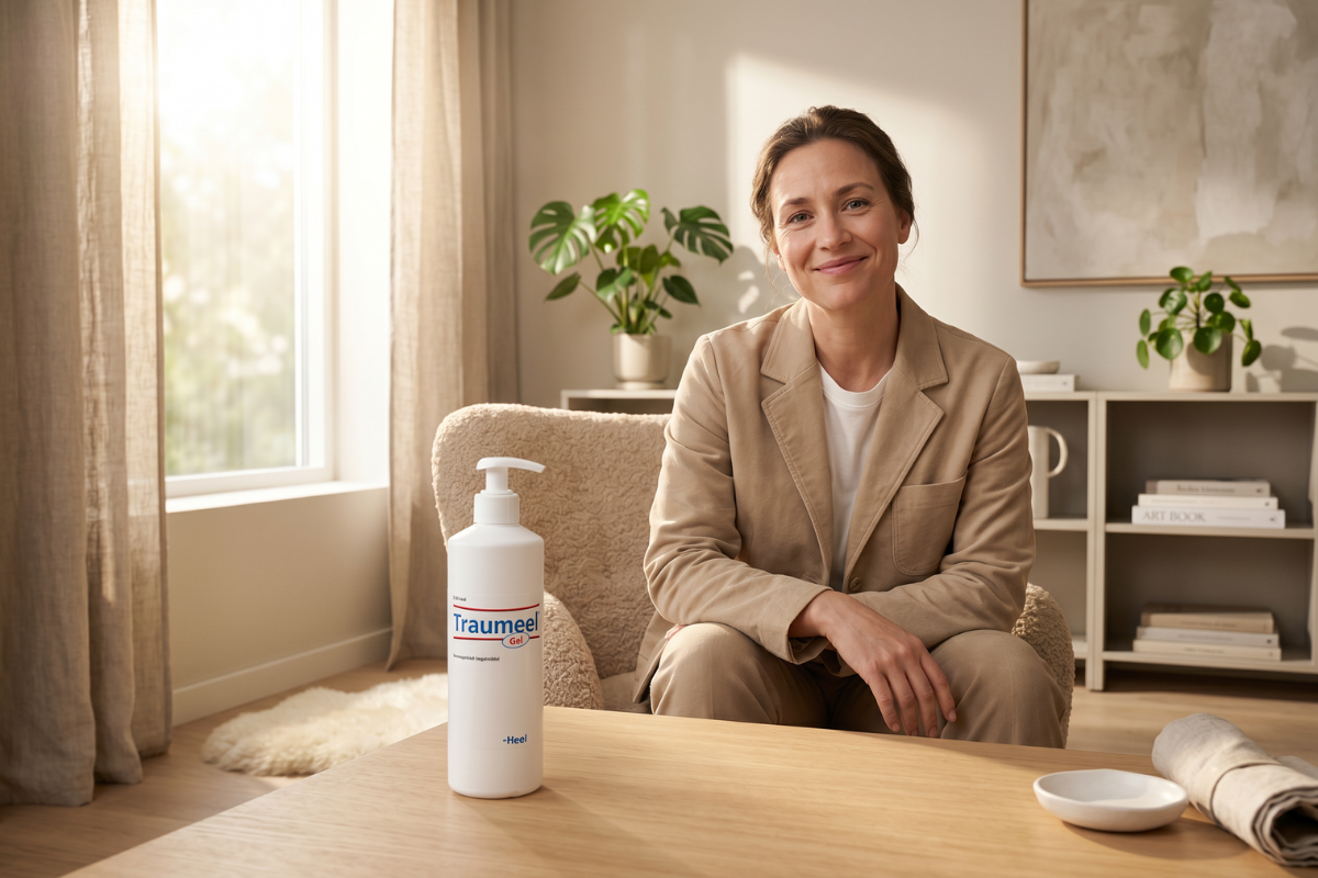 En stor, hvid og cylinderformet 250 g dispenser-flaske med Traumeel Gel. Etiketten har det klassiske kliniske design med bl� skrift og et r�dt felt med teksten 'Gel'. Produceret af tyske Heel.