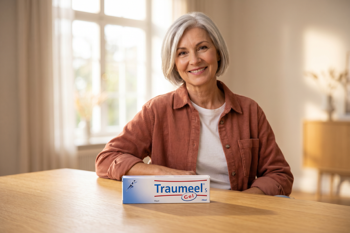 En hvid �ske med navnet Traumeel S Gel tydeligt skrevet med bl� skrift og r�d markering for 'Gel', produceret af den tyske virksomhed Heel. �sken indeholder en praktisk 50 grams tube.